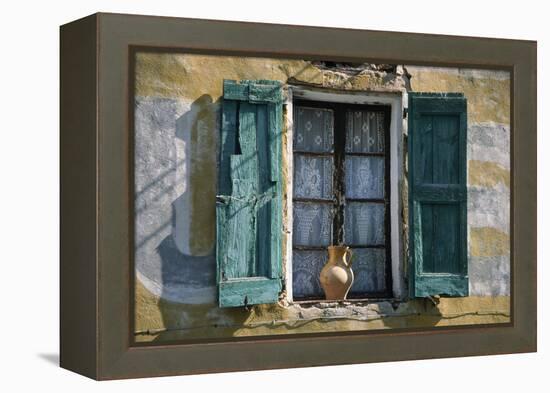 Typical French Window, with Turquoise Wooden Shutters and Terracotta Jug-LatitudeStock-Framed Premier Image Canvas