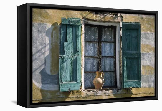 Typical French Window, with Turquoise Wooden Shutters and Terracotta Jug-LatitudeStock-Framed Premier Image Canvas