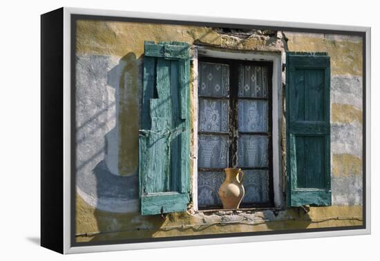 Typical French Window, with Turquoise Wooden Shutters and Terracotta Jug-LatitudeStock-Framed Premier Image Canvas