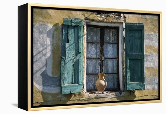 Typical French Window, with Turquoise Wooden Shutters and Terracotta Jug-LatitudeStock-Framed Premier Image Canvas