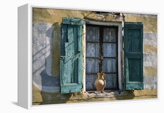 Typical French Window, with Turquoise Wooden Shutters and Terracotta Jug-LatitudeStock-Framed Premier Image Canvas