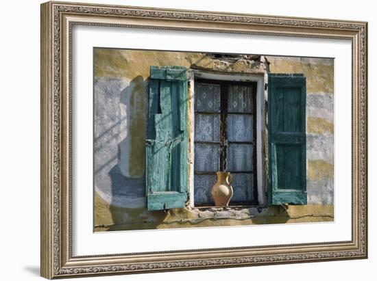 Typical French Window, with Turquoise Wooden Shutters and Terracotta Jug-LatitudeStock-Framed Photographic Print