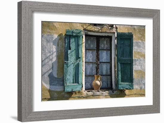 Typical French Window, with Turquoise Wooden Shutters and Terracotta Jug-LatitudeStock-Framed Photographic Print