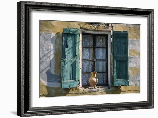 Typical French Window, with Turquoise Wooden Shutters and Terracotta Jug-LatitudeStock-Framed Photographic Print