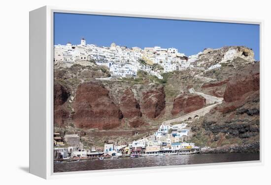 Typical Greek Village Perched on Volcanic Rock with White and Blue Houses and Windmills, Santorini-Roberto Moiola-Framed Premier Image Canvas