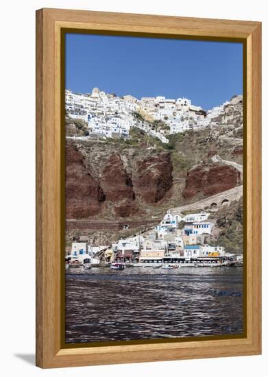 Typical Greek Village Perched on Volcanic Rock with White and Blue Houses and Windmills, Santorini-Roberto Moiola-Framed Premier Image Canvas