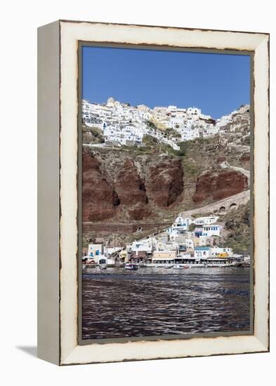 Typical Greek Village Perched on Volcanic Rock with White and Blue Houses and Windmills, Santorini-Roberto Moiola-Framed Premier Image Canvas