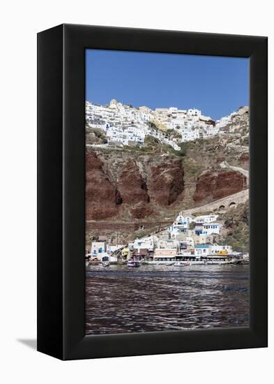 Typical Greek Village Perched on Volcanic Rock with White and Blue Houses and Windmills, Santorini-Roberto Moiola-Framed Premier Image Canvas