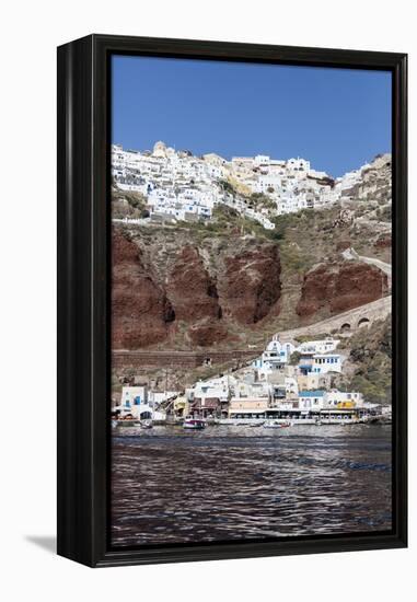 Typical Greek Village Perched on Volcanic Rock with White and Blue Houses and Windmills, Santorini-Roberto Moiola-Framed Premier Image Canvas