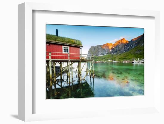 Typical House of Fishermen Called Rorbu Lit Up by Midnight Sun, Reine, Nordland County-Roberto Moiola-Framed Photographic Print