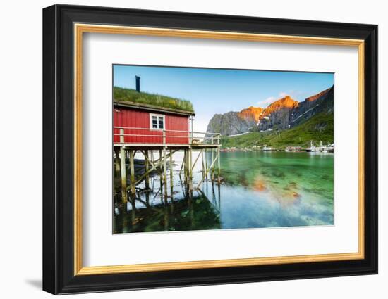 Typical House of Fishermen Called Rorbu Lit Up by Midnight Sun, Reine, Nordland County-Roberto Moiola-Framed Photographic Print