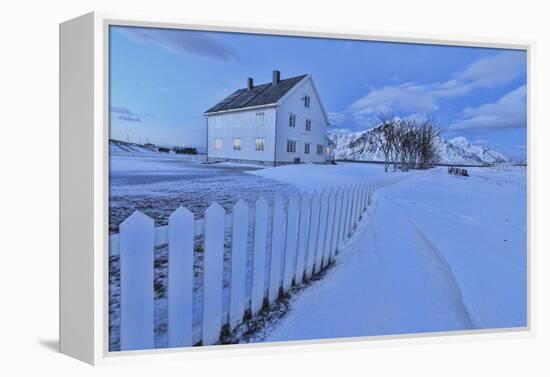 Typical House Surrounded by Snow at Dusk, Flakstad, Lofoten Islands, Norway, Scandinavia-Roberto Moiola-Framed Premier Image Canvas