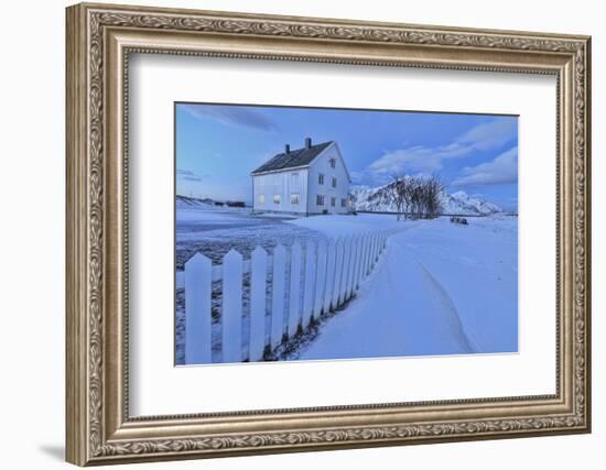 Typical House Surrounded by Snow at Dusk, Flakstad, Lofoten Islands, Norway, Scandinavia-Roberto Moiola-Framed Photographic Print