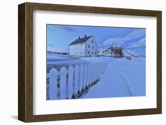 Typical House Surrounded by Snow at Dusk, Flakstad, Lofoten Islands, Norway, Scandinavia-Roberto Moiola-Framed Photographic Print
