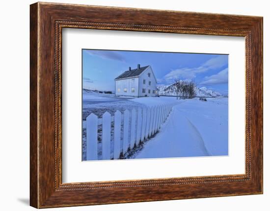 Typical House Surrounded by Snow at Dusk, Flakstad, Lofoten Islands, Norway, Scandinavia-Roberto Moiola-Framed Photographic Print