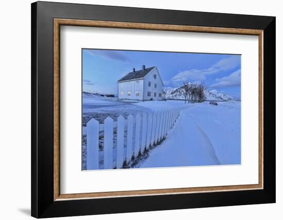Typical House Surrounded by Snow at Dusk, Flakstad, Lofoten Islands, Norway, Scandinavia-Roberto Moiola-Framed Photographic Print