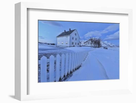 Typical House Surrounded by Snow at Dusk, Flakstad, Lofoten Islands, Norway, Scandinavia-Roberto Moiola-Framed Photographic Print