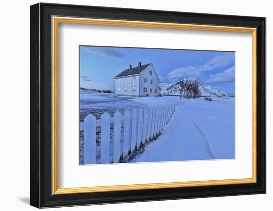 Typical House Surrounded by Snow at Dusk, Flakstad, Lofoten Islands, Norway, Scandinavia-Roberto Moiola-Framed Photographic Print