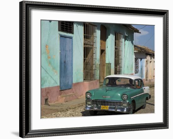 Typical Paved Street with Colourful Houses and Old American Car, Trinidad, Cuba, West Indies-Eitan Simanor-Framed Photographic Print