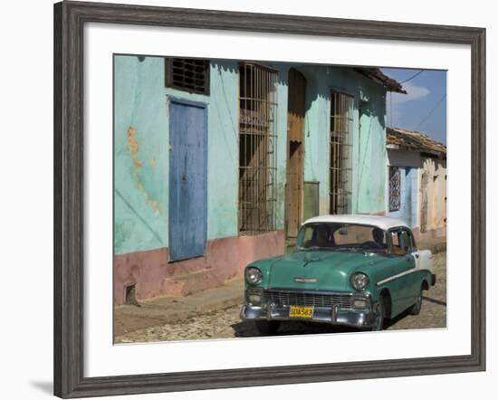 Typical Paved Street with Colourful Houses and Old American Car, Trinidad, Cuba, West Indies-Eitan Simanor-Framed Photographic Print