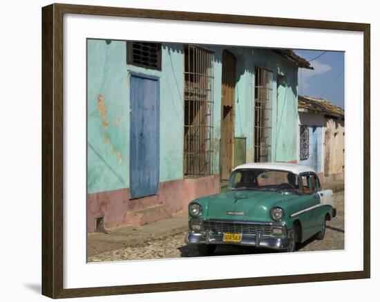 Typical Paved Street with Colourful Houses and Old American Car, Trinidad, Cuba, West Indies-Eitan Simanor-Framed Photographic Print