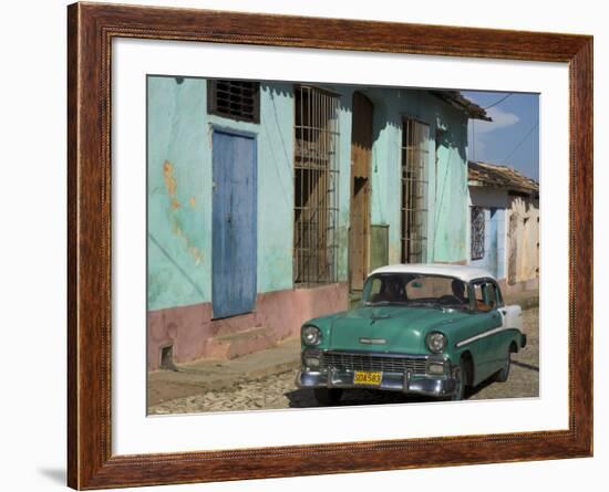 Typical Paved Street with Colourful Houses and Old American Car, Trinidad, Cuba, West Indies-Eitan Simanor-Framed Photographic Print