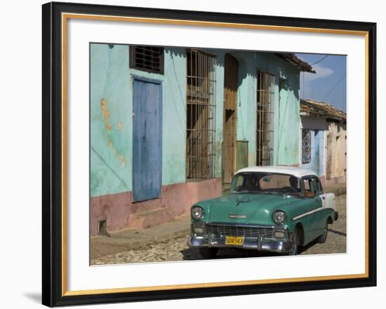 Typical Paved Street with Colourful Houses and Old American Car, Trinidad, Cuba, West Indies-Eitan Simanor-Framed Photographic Print