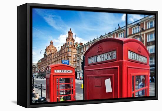 Typical Red Telephone Boxes on Brompton Road with Harrods Building on the Background-Felipe Rodriguez-Framed Premier Image Canvas