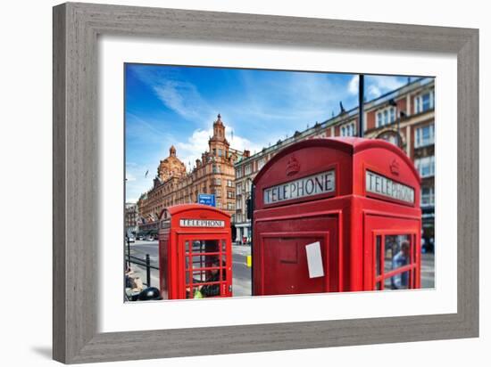 Typical Red Telephone Boxes on Brompton Road with Harrods Building on the Background-Felipe Rodriguez-Framed Photographic Print