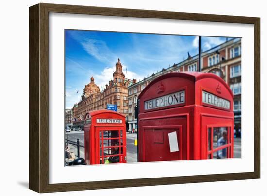 Typical Red Telephone Boxes on Brompton Road with Harrods Building on the Background-Felipe Rodriguez-Framed Photographic Print