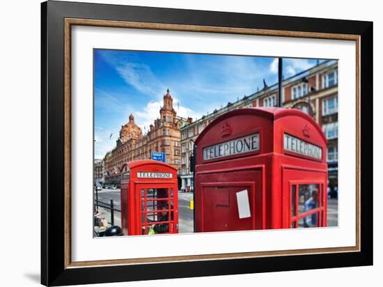 Typical Red Telephone Boxes on Brompton Road with Harrods Building on the Background-Felipe Rodriguez-Framed Photographic Print