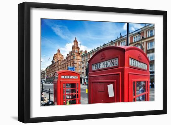 Typical Red Telephone Boxes on Brompton Road with Harrods Building on the Background-Felipe Rodriguez-Framed Photographic Print