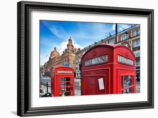 Typical Red Telephone Boxes on Brompton Road with Harrods Building on the Background-Felipe Rodriguez-Framed Photographic Print