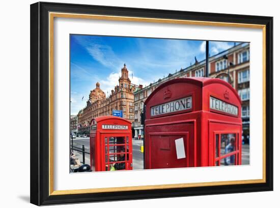 Typical Red Telephone Boxes on Brompton Road with Harrods Building on the Background-Felipe Rodriguez-Framed Photographic Print