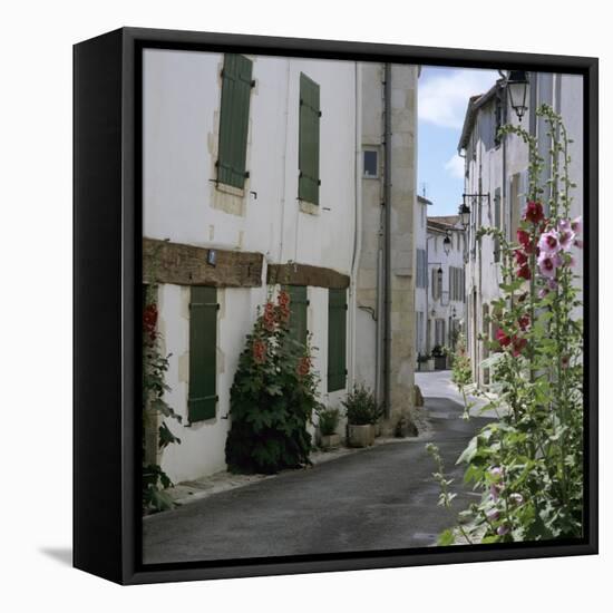 Typical Street Scene with Hollyhocks, St. Martin, Ile de Re, Poitou-Charentes, France, Europe-Stuart Black-Framed Premier Image Canvas