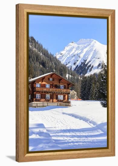 Typical wooden hut framed by woods and snowy peaks, Langwies, district of Plessur, Canton of Graubu-Roberto Moiola-Framed Premier Image Canvas