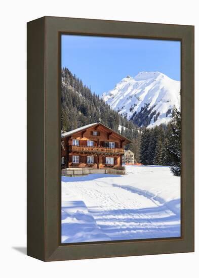 Typical wooden hut framed by woods and snowy peaks, Langwies, district of Plessur, Canton of Graubu-Roberto Moiola-Framed Premier Image Canvas