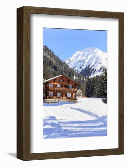 Typical wooden hut framed by woods and snowy peaks, Langwies, district of Plessur, Canton of Graubu-Roberto Moiola-Framed Photographic Print