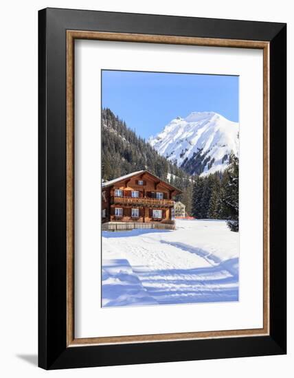 Typical wooden hut framed by woods and snowy peaks, Langwies, district of Plessur, Canton of Graubu-Roberto Moiola-Framed Photographic Print