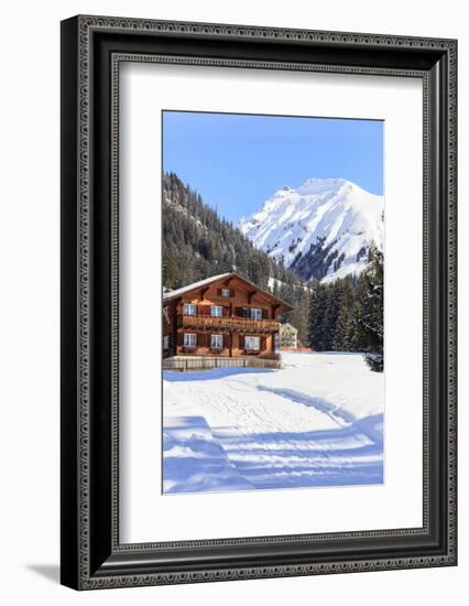 Typical wooden hut framed by woods and snowy peaks, Langwies, district of Plessur, Canton of Graubu-Roberto Moiola-Framed Photographic Print