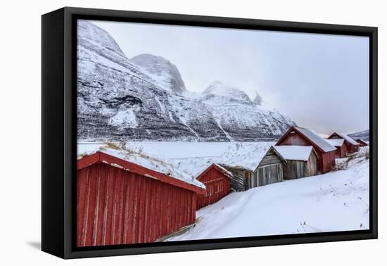 Typical Wooden Huts in the Snowy Landscape of Lyngseidet, Lyngen Alps, Tromso Lapland, Norway-Roberto Moiola-Framed Premier Image Canvas