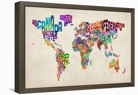 Typographic Text World Map-Michael Tompsett-Framed Stretched Canvas