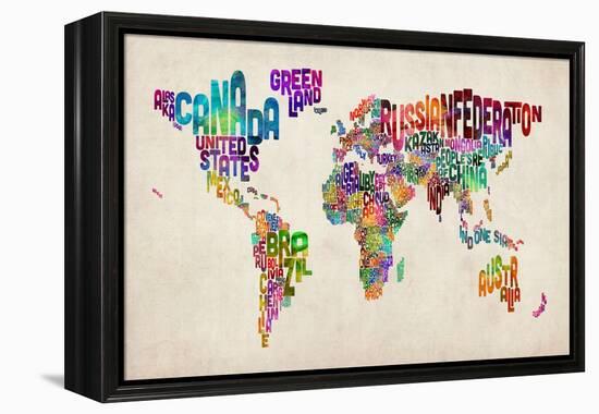 Typographic Text World Map-Michael Tompsett-Framed Stretched Canvas