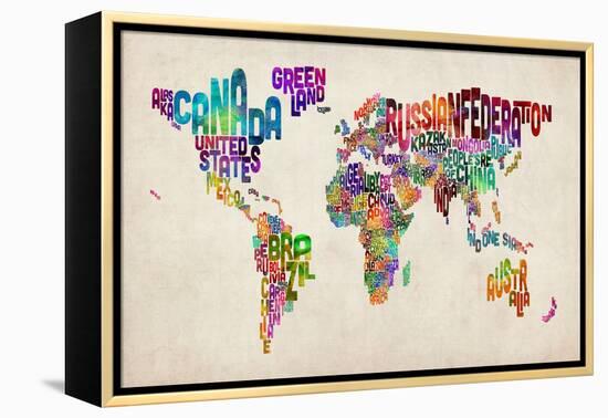 Typographic Text World Map-Michael Tompsett-Framed Stretched Canvas