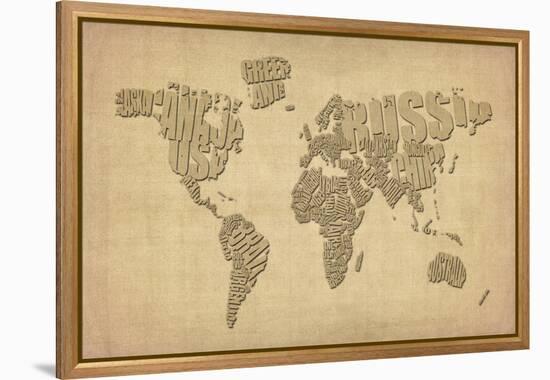 Typography Map of the World Map-Michael Tompsett-Framed Stretched Canvas