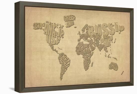Typography Map of the World Map-Michael Tompsett-Framed Stretched Canvas