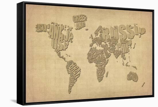 Typography Map of the World Map-Michael Tompsett-Framed Stretched Canvas