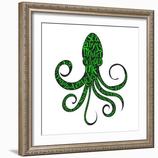 Typography Monochrome Vintage Poster with Octopus Silhouette, and Hand Drawn Style Fonts. Vector Il-Vitaliy Zuyenko-Framed Art Print