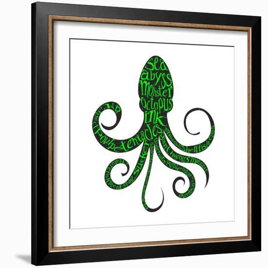 Typography Monochrome Vintage Poster with Octopus Silhouette, and Hand Drawn Style Fonts. Vector Il-Vitaliy Zuyenko-Framed Art Print