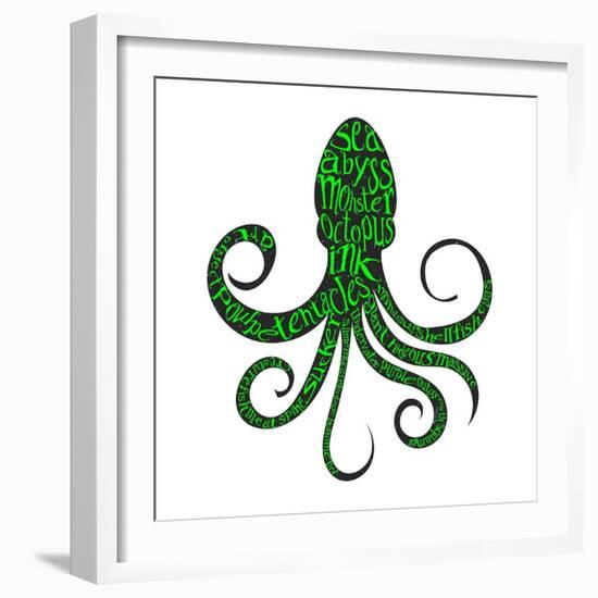 Typography Monochrome Vintage Poster with Octopus Silhouette, and Hand Drawn Style Fonts. Vector Il-Vitaliy Zuyenko-Framed Art Print